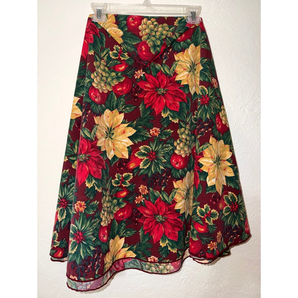 Vintage Hallmark Fashion Industries Christmas Poinsettia Fruit Round Tablecloth